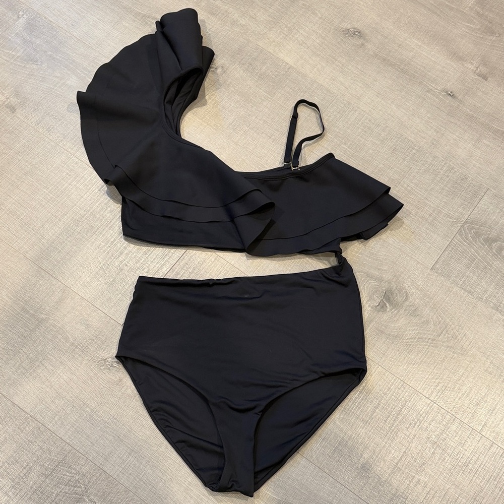 Boamar From Anthropologie Black Ruffled One-Shoulder Swimsuit - high waist